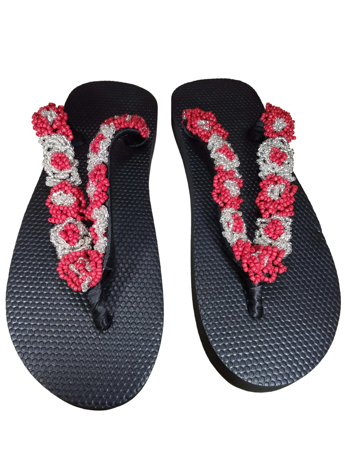 Beaded Unisex Flip Flop Silver Red Size 9.5 (measure 10")