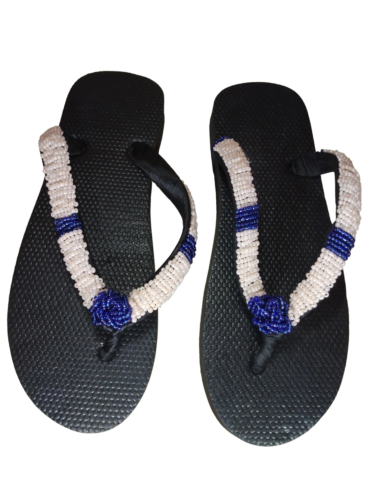Beaded Unisex Flip Flop Blue Ivory Size 11 (measure 10.5")