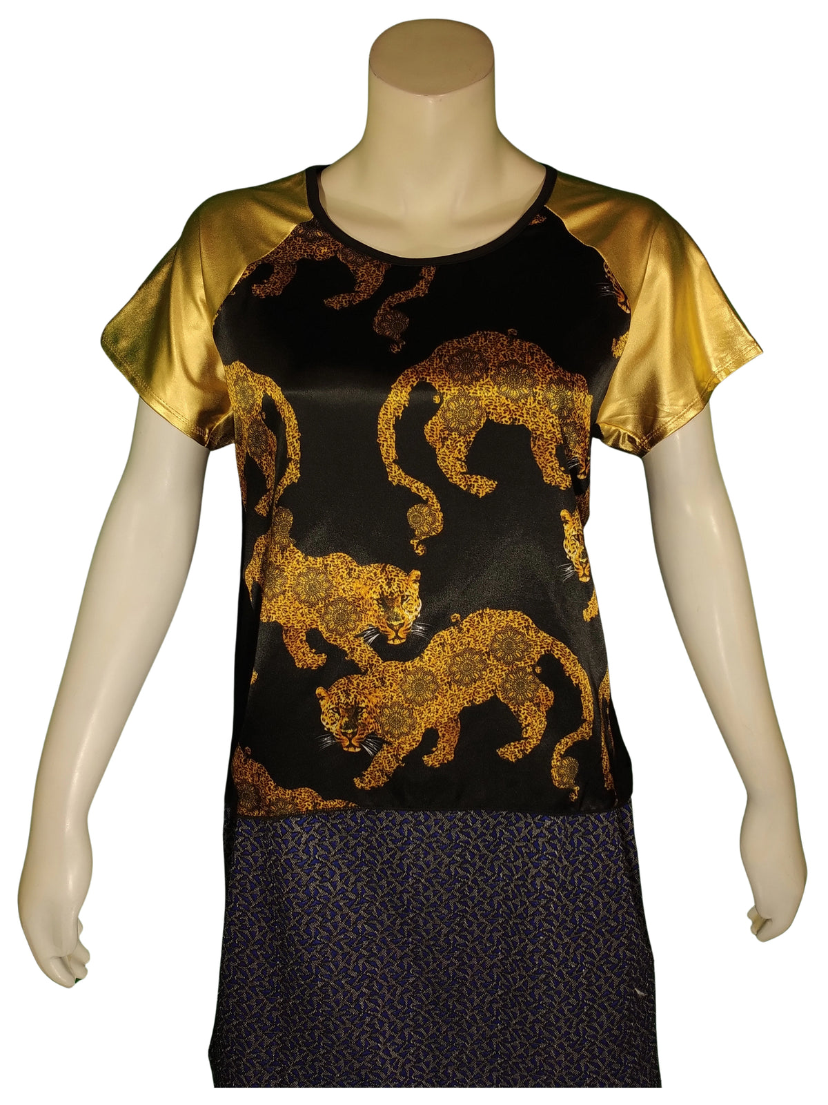 Love J USA Girls’ Black & Leopard Short Sleeve Top – Medium, Contrast Rayon Blend