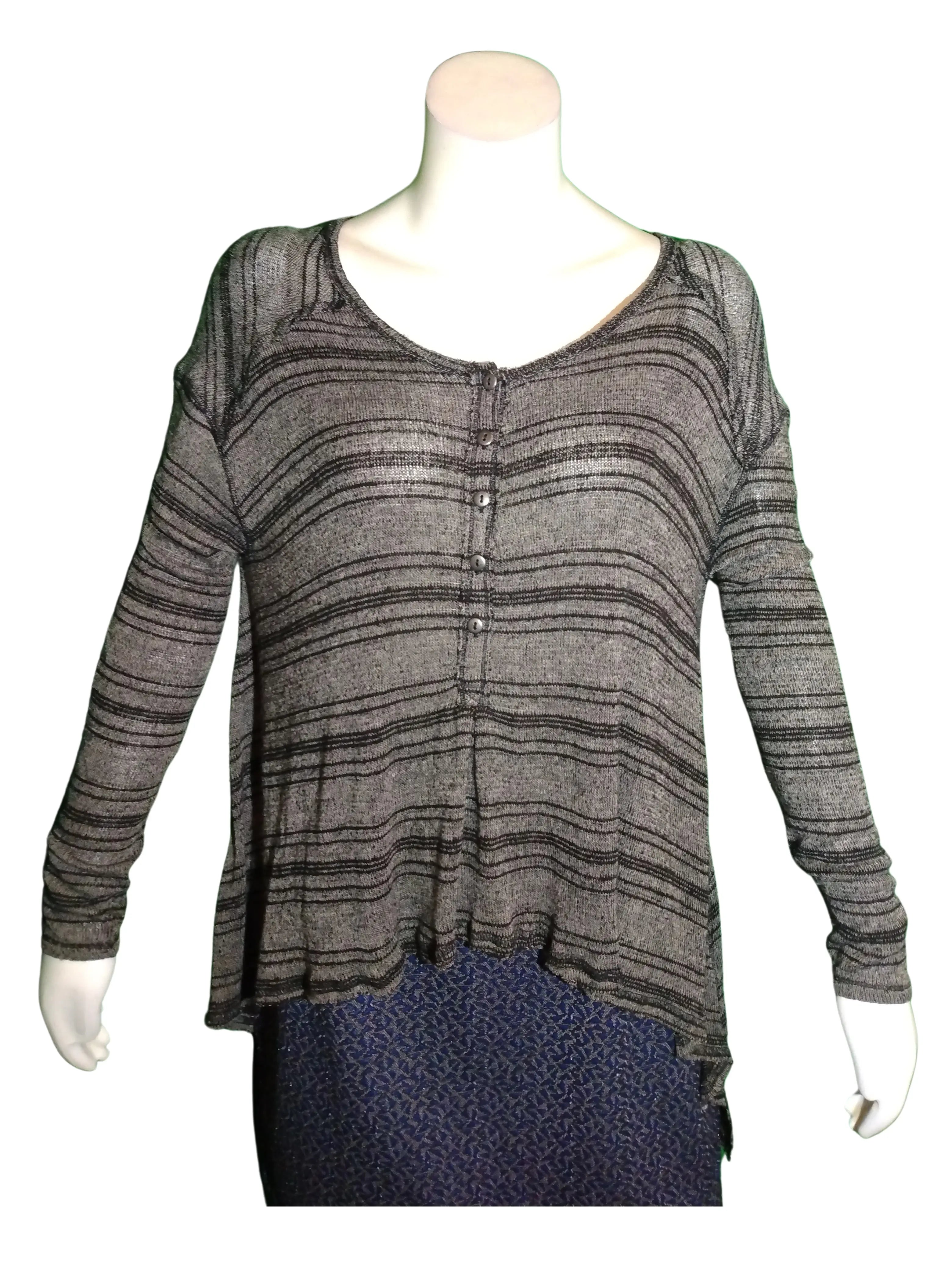 We the Free Women’s Black/Grey Stripe Sweater with Raw Seams, Size Medium