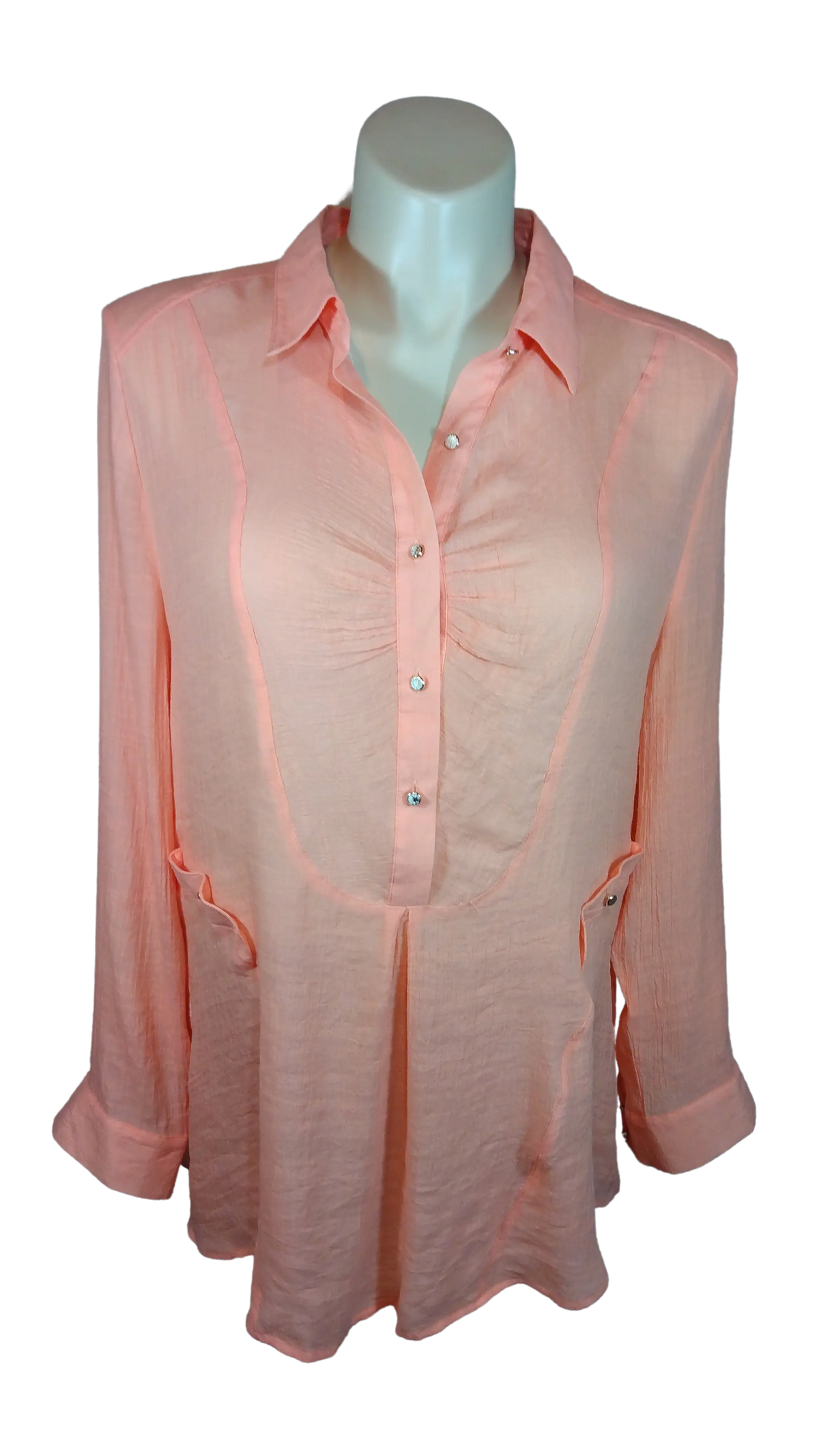 Roman Fashion Women’s Peach Long Sleeve Sheer Blouse, Size 2X