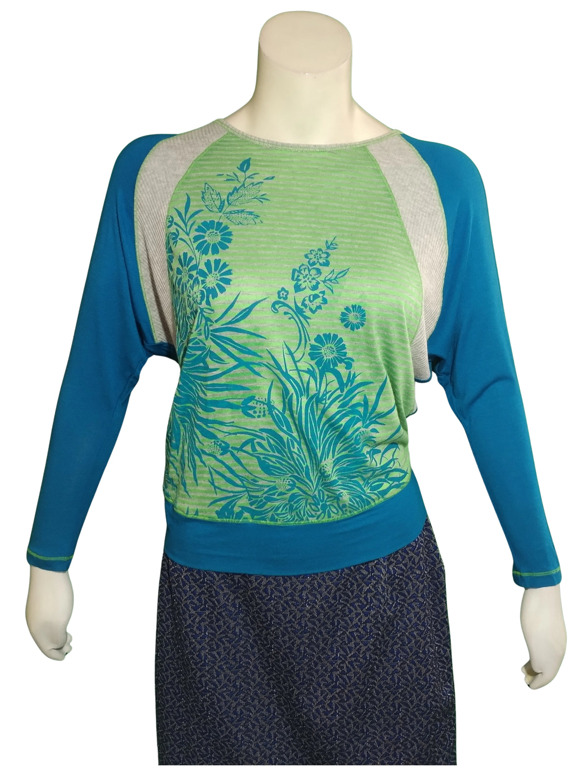 Libertalia Girls’ Floral Stripe Top – Green, Blue & Grey, Medium, 100% Polyester