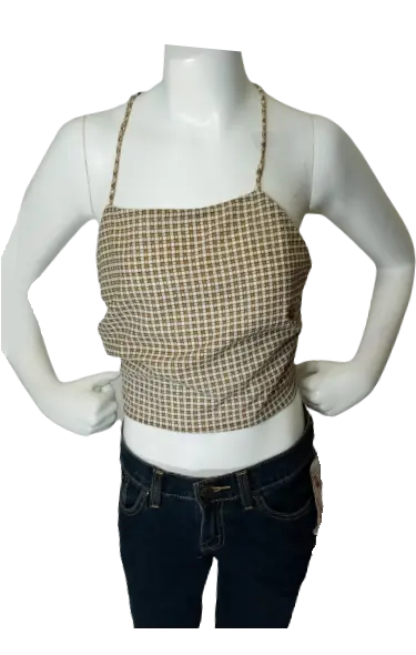 Emory Park Girls’ Tan/White Check Pattern Spaghetti Strap Open Back Crop Top, OSFA