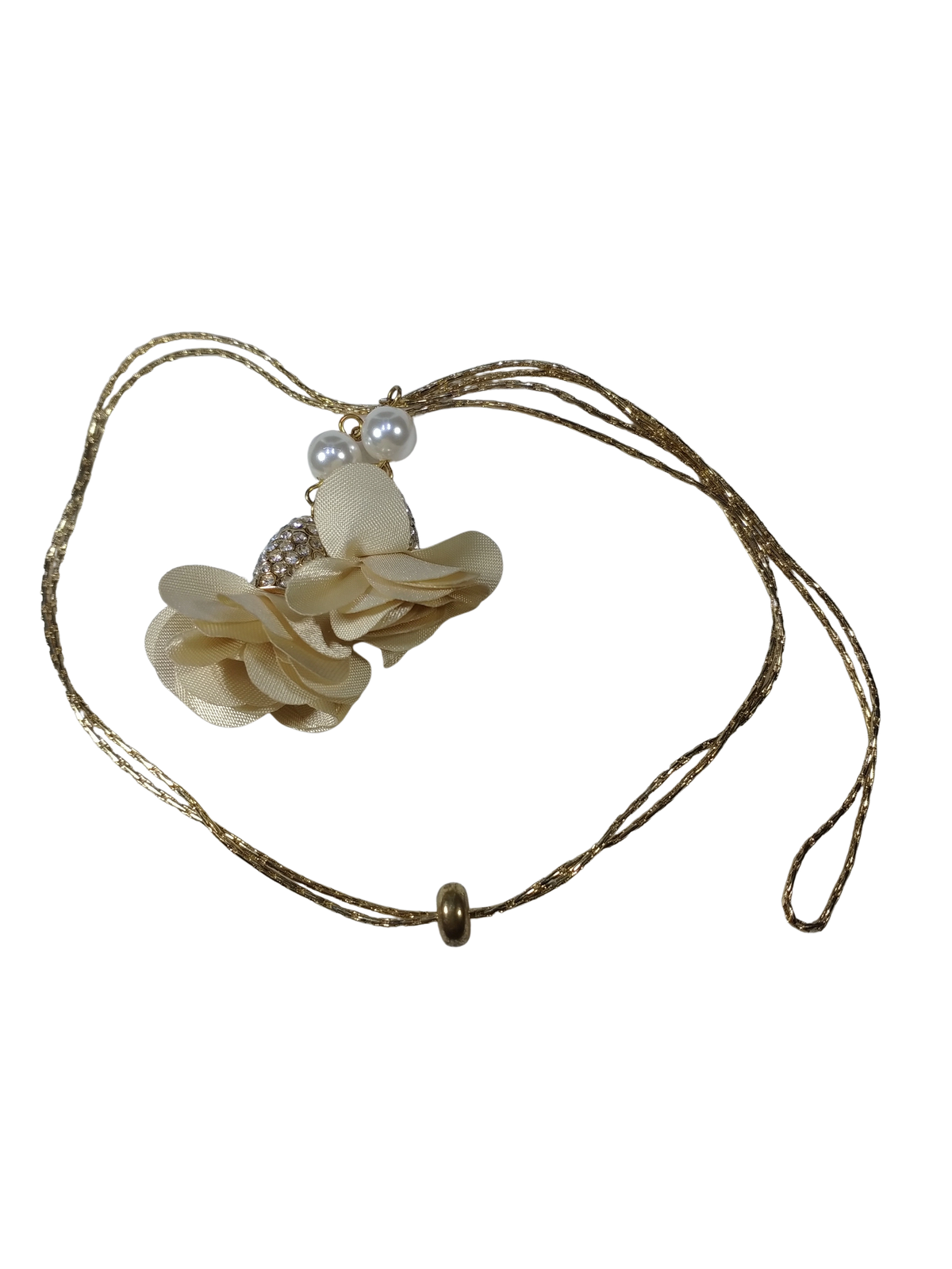 Necklace with floral design and beads on a white background