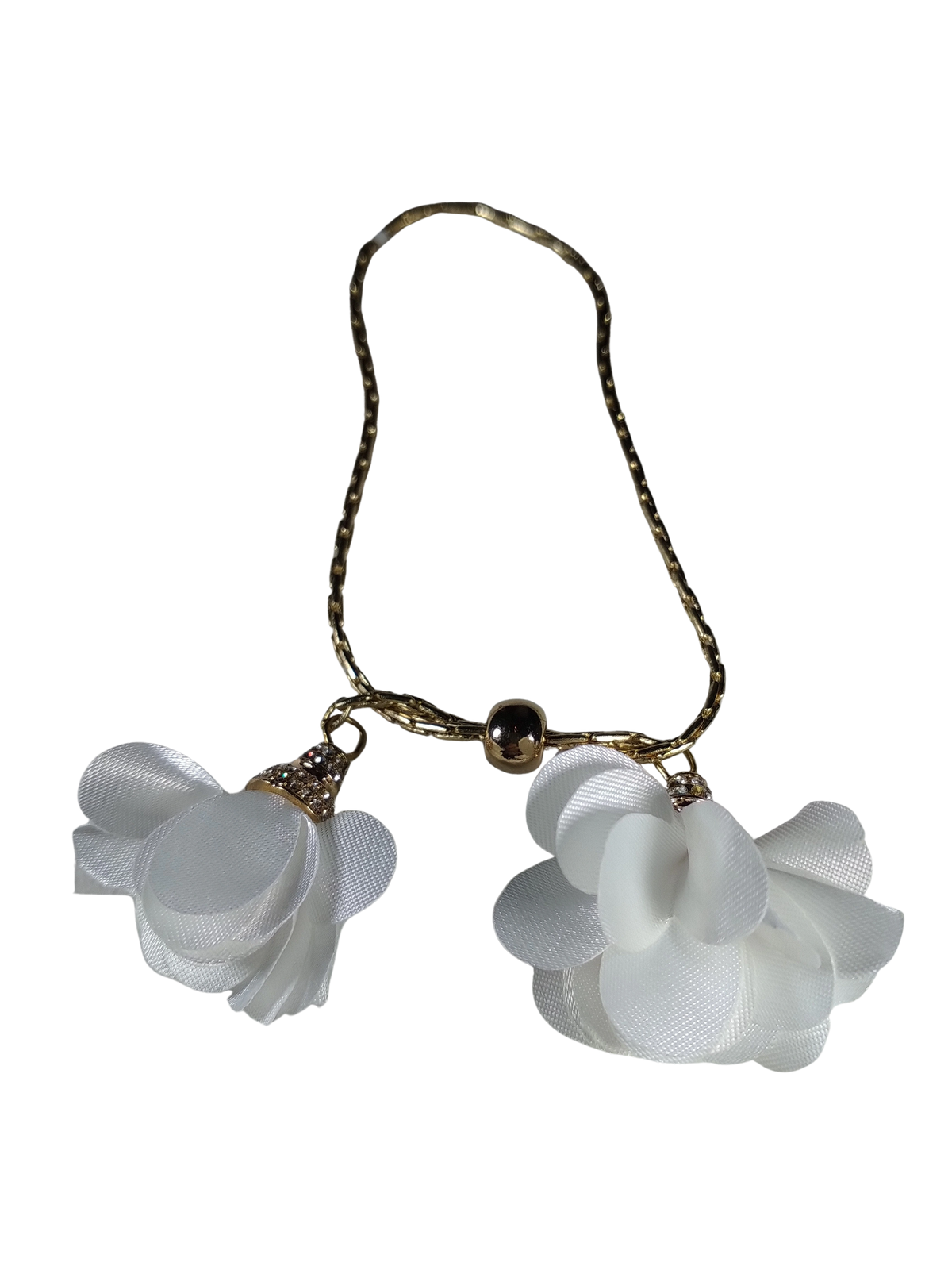 Diva General Gold-Tone Rhinestone & White Fabric Flower Bolo Bracelet – Adjustable Fashion Jewelry for Women