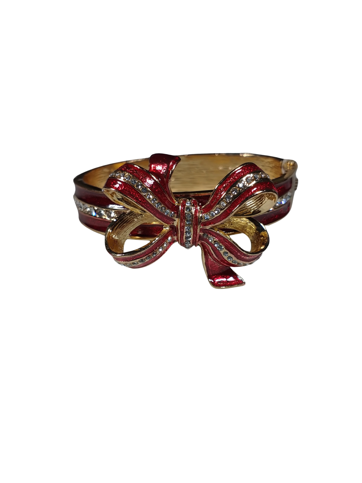 Red and gold bow-shaped bracelet on a white background