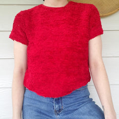 House of Three Burgundy Short Sleeve Fuzzy Crop Sweater