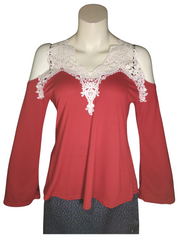Man Li Shang Lace Trim Christmas Top with Cut out Shoulders