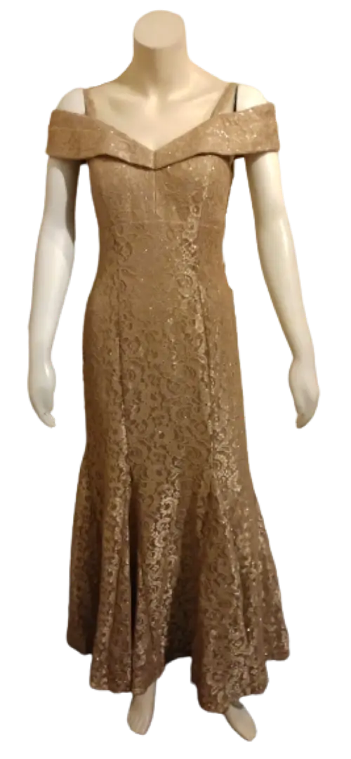 R&M Richards Off the Shoulder Cap Sleeve Floral Lace Mermaid Gown Champagne Sparkly