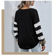 Knoeasy Black Leopard & Stripe Waffle-Knit V-Neck Sweatshirt