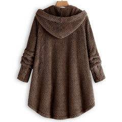Women Hooded Coat Coffee Side-Pocket Plush Button-Up Coat - Baisico