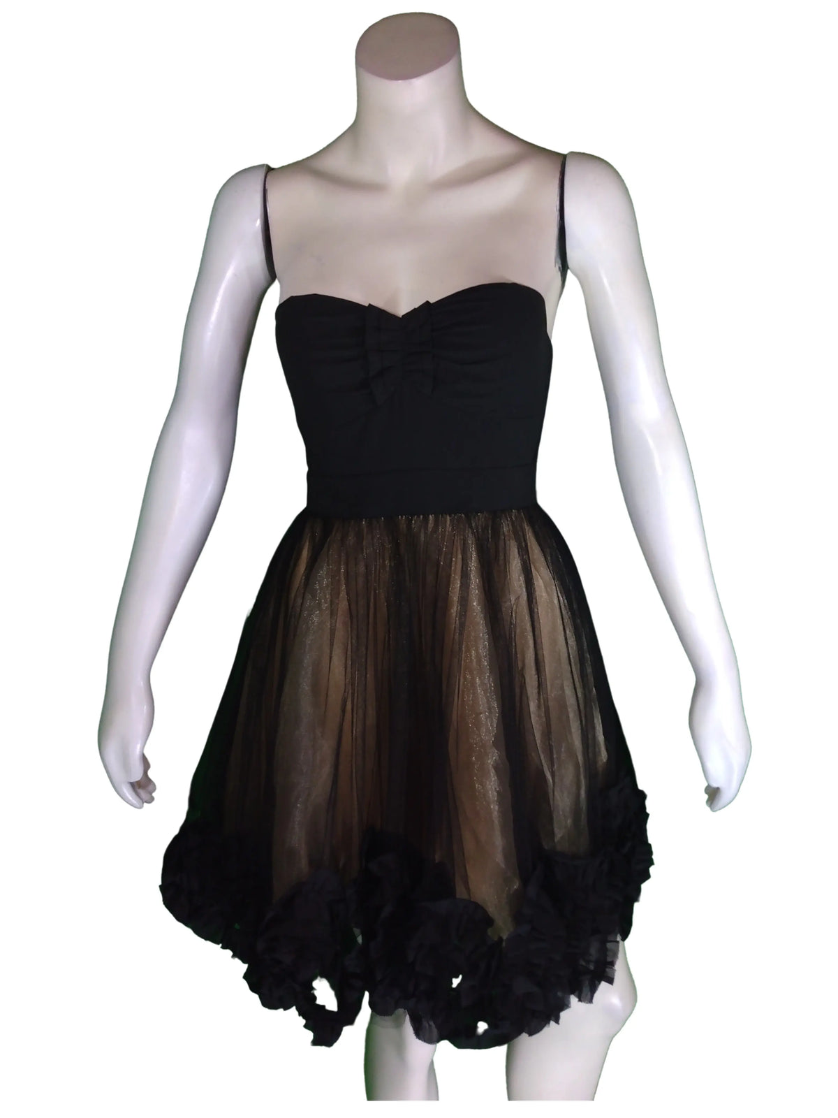 Minuet Girls’ Black Mesh Strapless Dress with Bows, Size Small