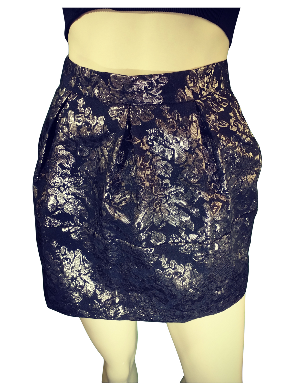 3 Ena Black/Pewter Floral Print Metallic Pleated Miniskirt