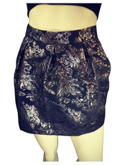 3 Ena Black/Pewter Floral Print Metallic Pleated Miniskirt