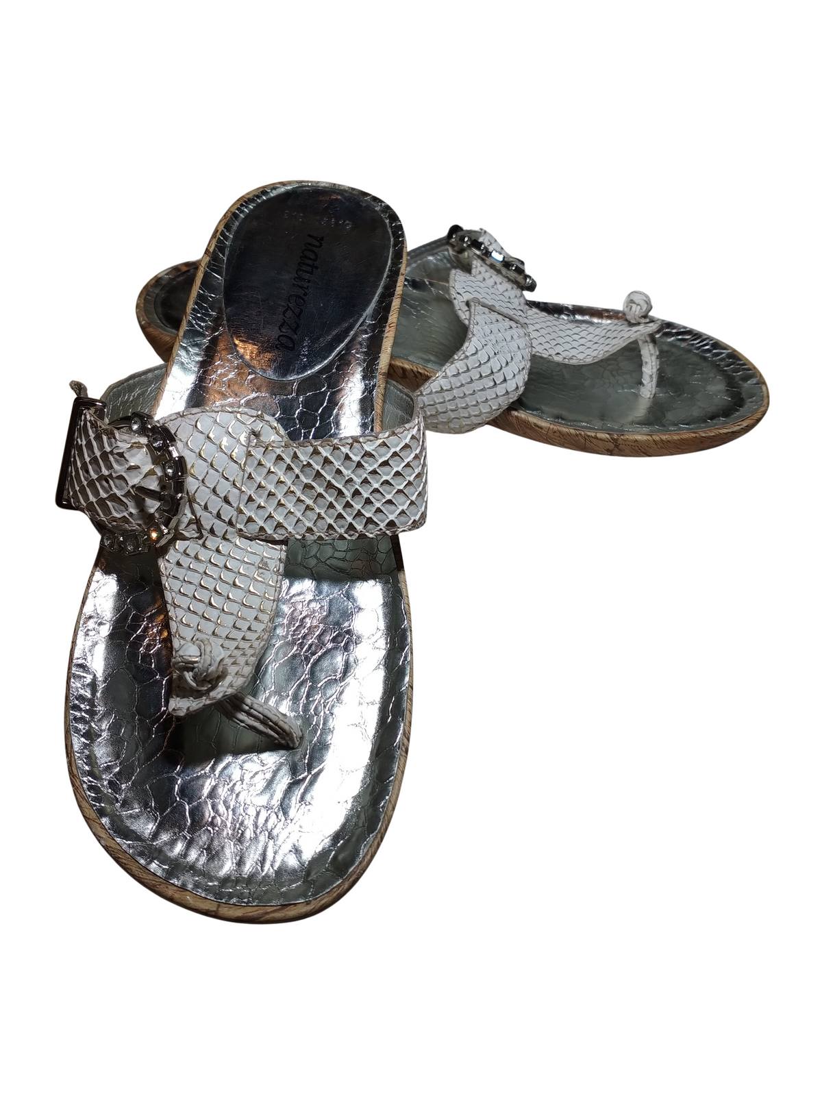 Naturezza Silver & White Snakeskin Pattern Sandals with Decorative Buckle