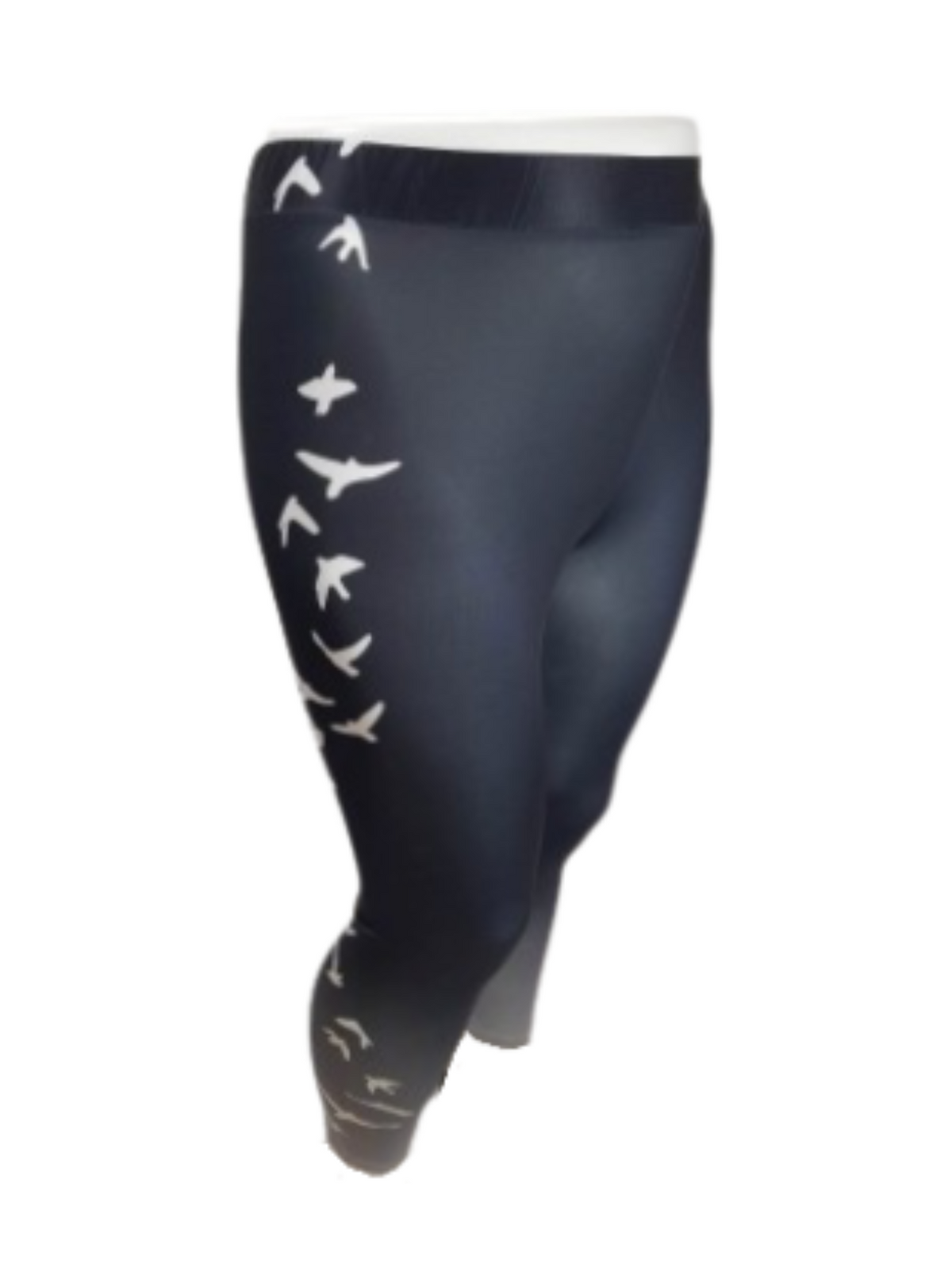 A pair of black pants with a pattern of birds silhouette on the leg, indicating a sporty or athletic theme.
