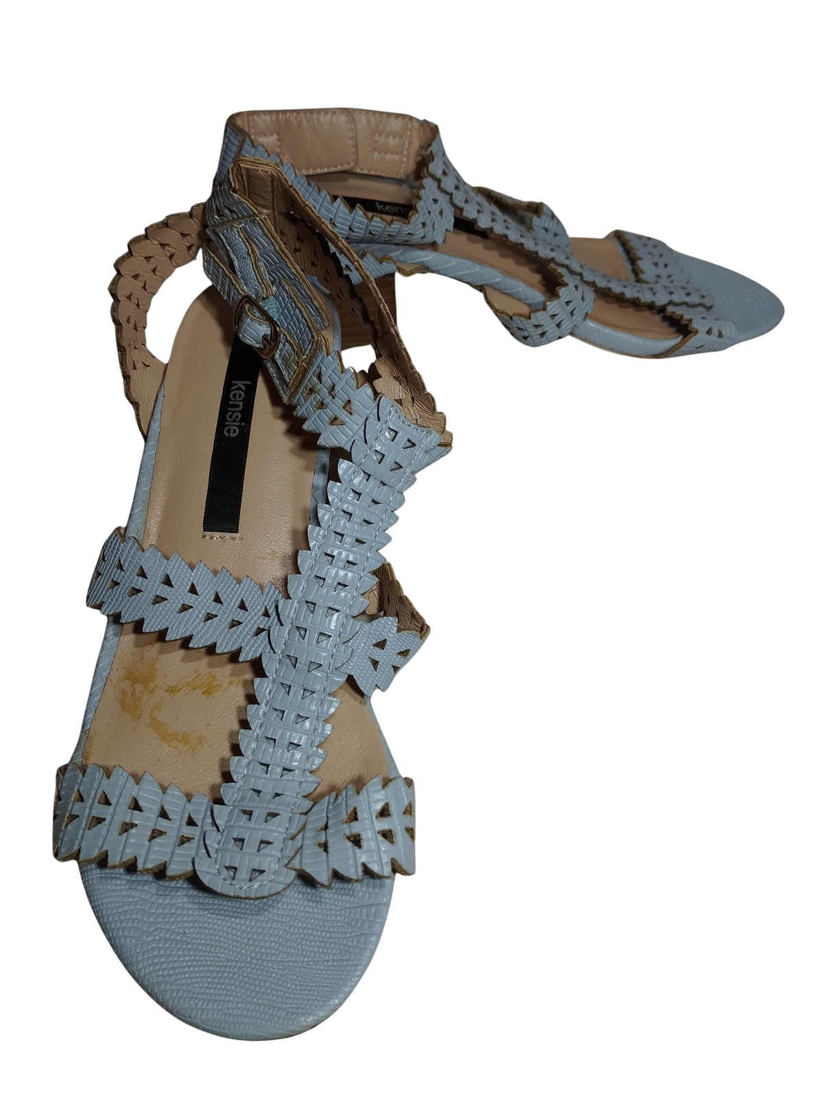 Kensie Light Blue Triangle Pattern Wedge Heel Sandals with Buckle