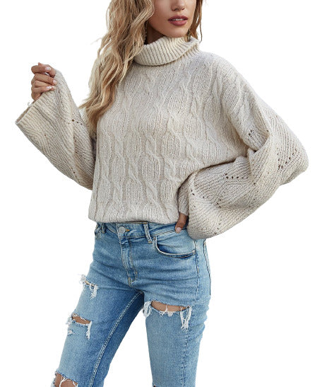 Lisa and Rose Off-White Cable-Knit Bell-Sleeve Turtleneck Sweater