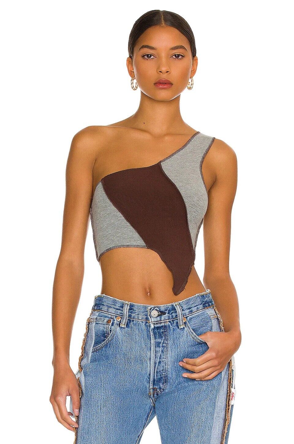 superdown Tatum One Shoulder Top in Brown & Grey - size S - Modified