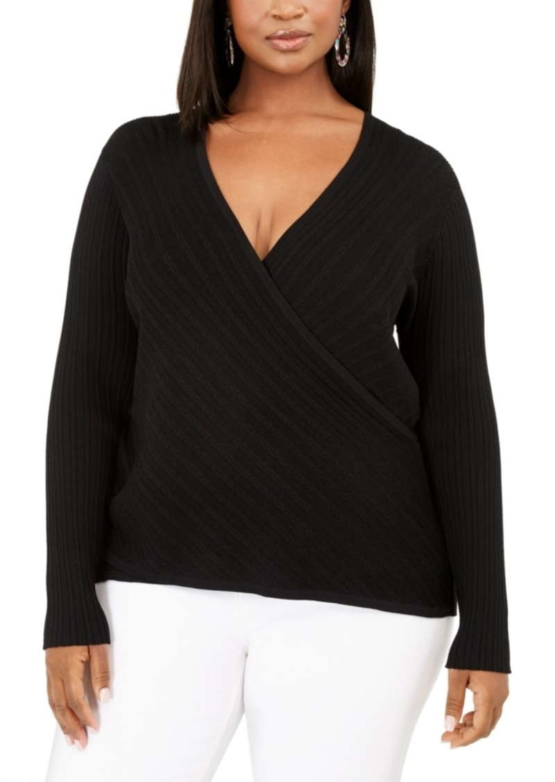 INC International Concepts Plus Size Pointelle Surplice Sweater in Deep Black