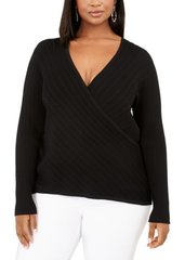 INC International Concepts Plus Size Pointelle Surplice Sweater in Deep Black