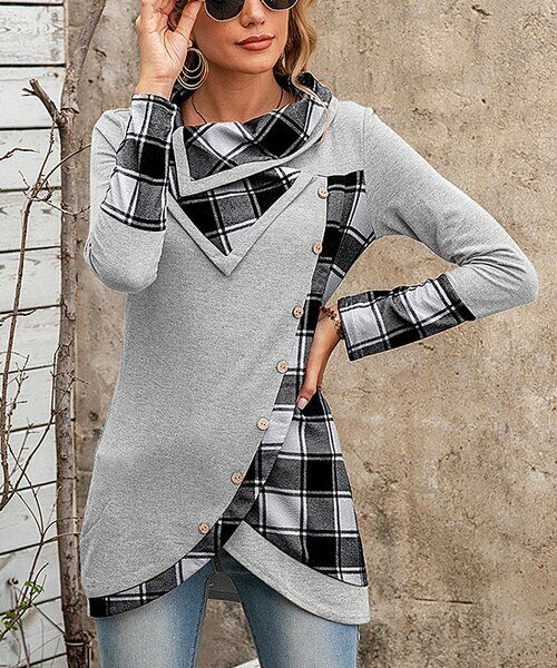 Buffalo Plaid Asymmetric Button-Accent Tulip Tunic size L