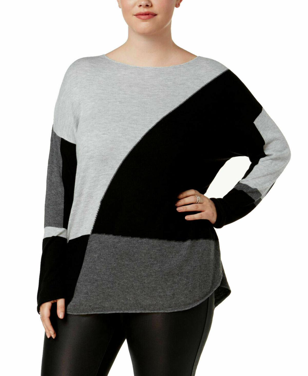INC International Concepts Plus Size Long-Sleeve High-Low Sweater in Grey Colorblock
