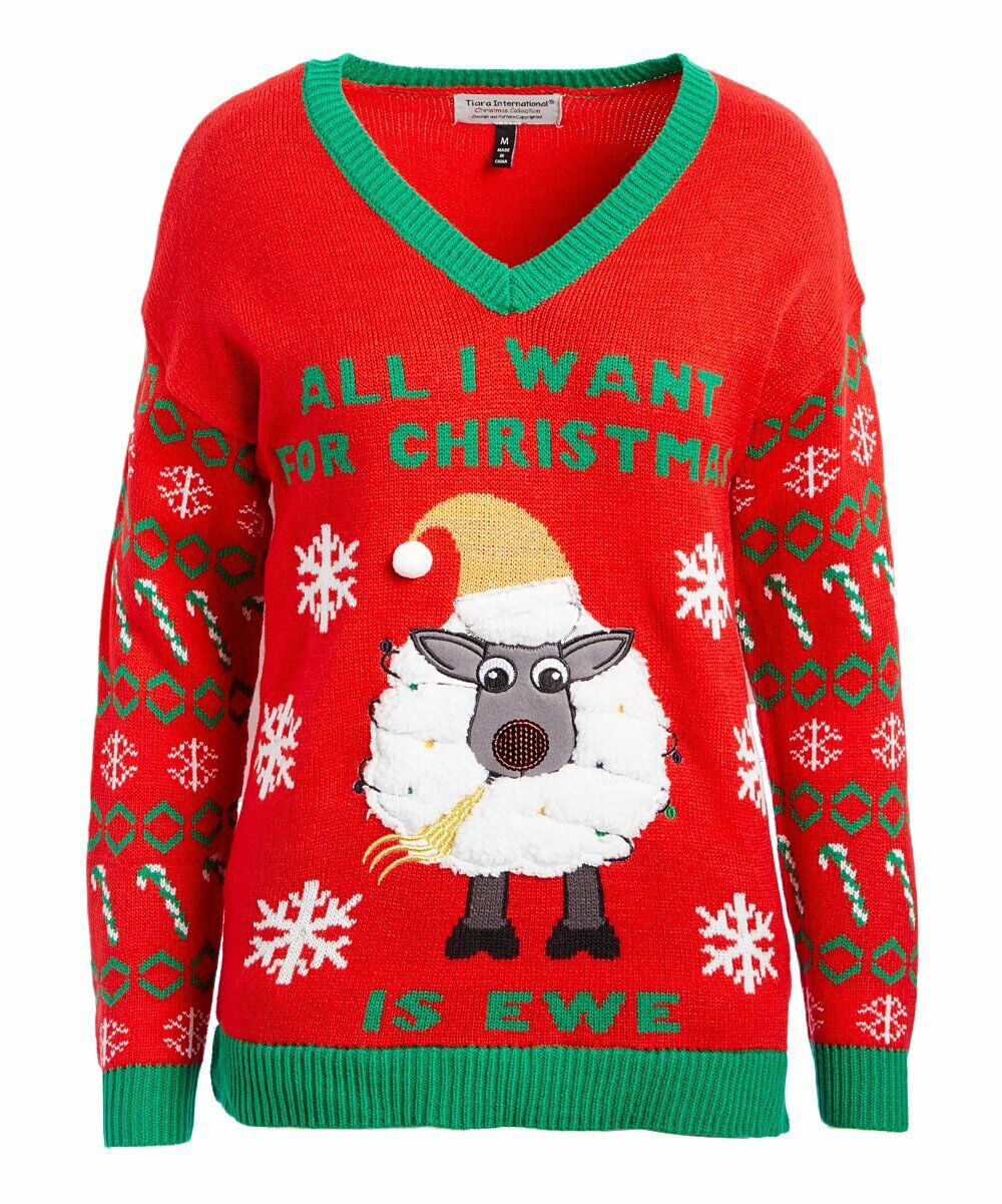 Derek Heart Red 'All I Want For Christmas is Ewe' Light-Up V-Neck Sweater