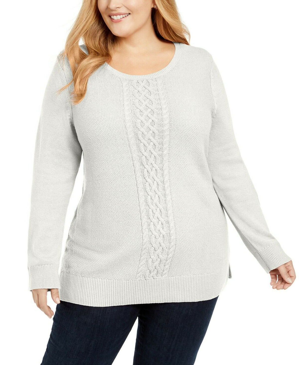 Karen Scott Plus Size White Cable-Knit Trimmed Sweater