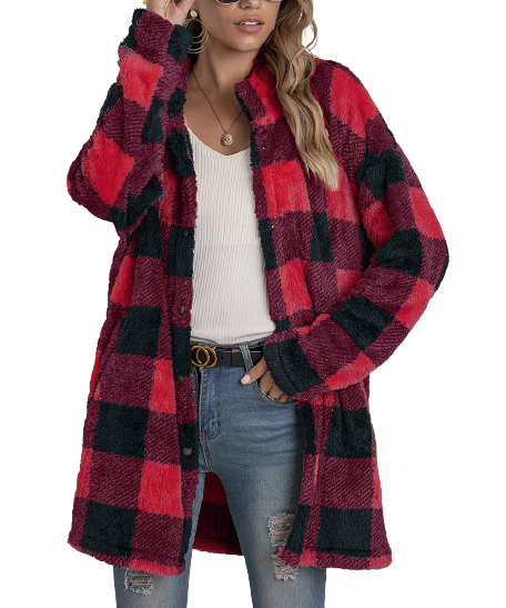 La Mode Red Wine Buffalo Check Plush Button-Up Jacket
