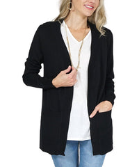 Lydiane Black Ribbed-Hem Pocket Open Cardigan