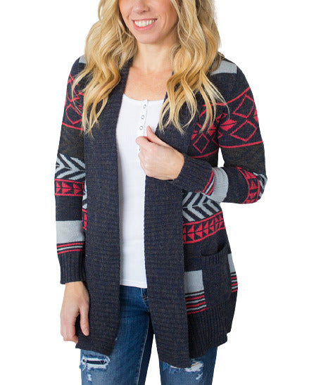 Olivia & Jane Charcoal Geometric Wool-Blend Open Cardigan