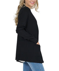 Lydiane Black Ribbed-Hem Pocket Open Cardigan
