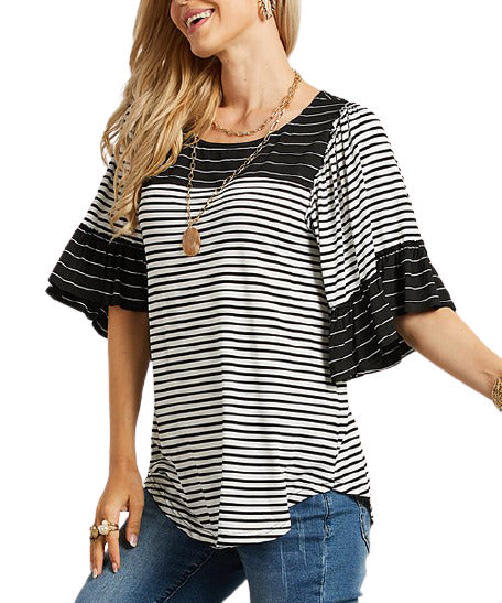 Suzanne Betro Striped Ruffle-Sleeve Tunic size S