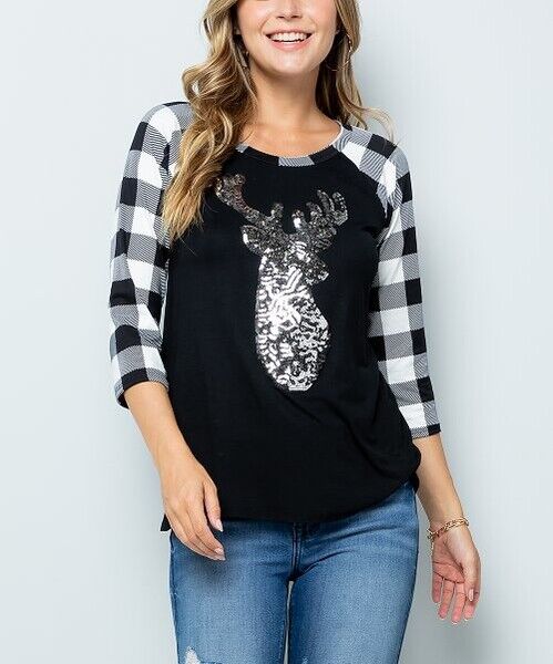 Deer Patch Plaid Contrast Long-Sleeve Top size M