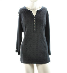 Karen Scott Plus Size Cotton Eyelet Black Henley size 1X