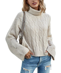 Lisa and Rose Off-White Cable-Knit Bell-Sleeve Turtleneck Sweater