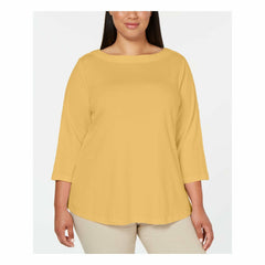 Karen Scott Cotton Plus Size Yellow Lace-Trim Top size 1X