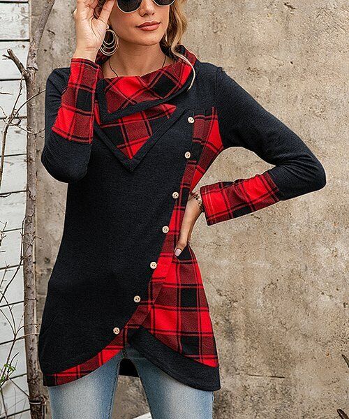 Buffalo Plaid Asymmetric Button-Accent Tulip Tunic size XXL
