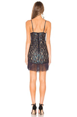MAJORELLE Felix Dress in Oyster-Guipure lace Allover & fringe hem-sizes XXS, M