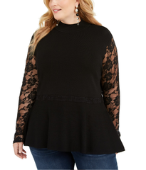 INC International Concepts Plus Size Lace Peplum Sweater in Deep Black