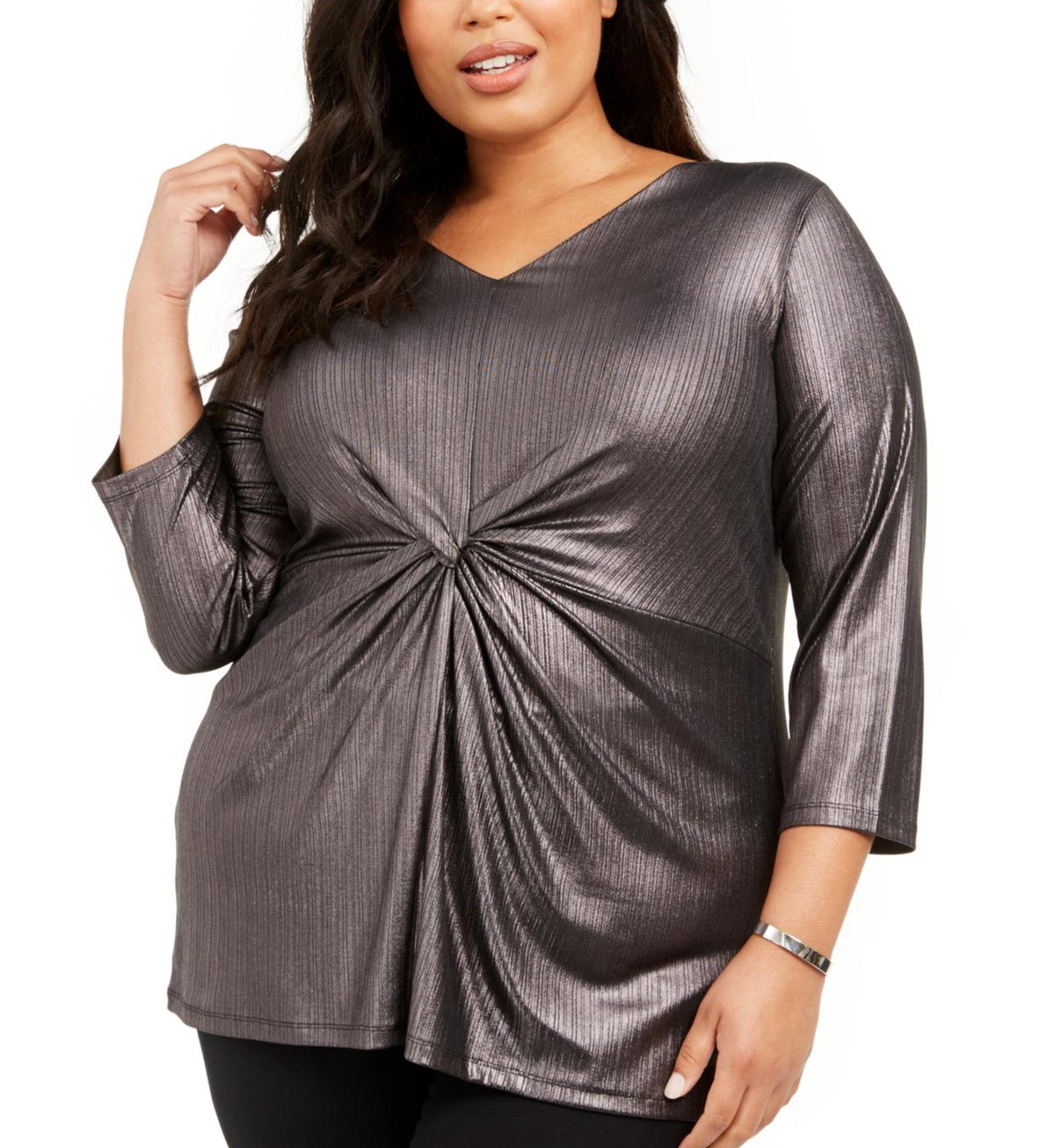 Alfani Plus Size Black Metallic Twist-Front Top size 1X