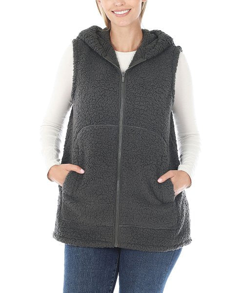 Lydiane Ash Gray Sherpa Pocket Hooded Zip-Up Vest