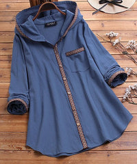 E-RÃtro Blue Pocket Button-Up Hooded Swing Jacket