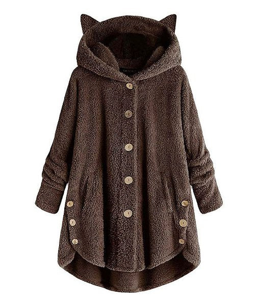 Baisico Coffee Plush Ear-Accent Hooded Coat