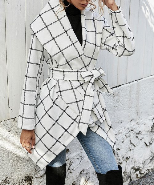 Camisa White Windowpane Wide-Lapel Tie-Waist Side Tail Coat