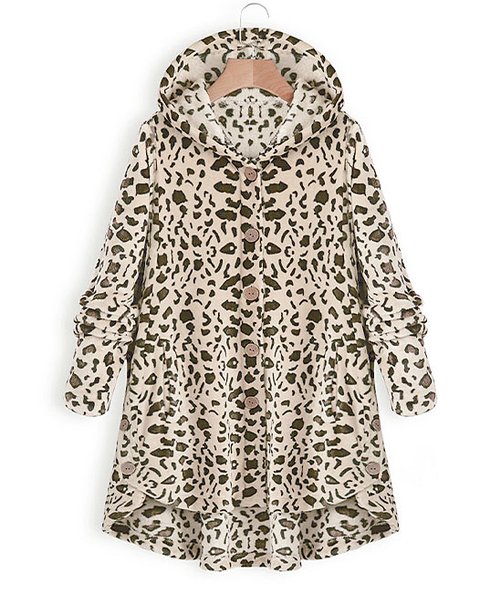 Baisico Apricot Leopard Side-Pocket Plush Hooded Button-Up Coat