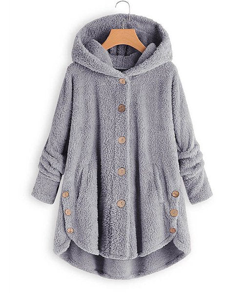 Baisico Light Gray Side-Pocket Plush Hooded Button-Up Coat