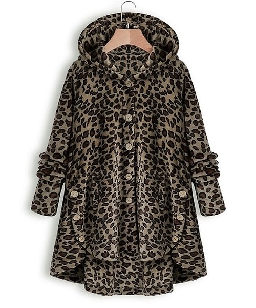 NXH Tan Leopard Pocket Plush Hooded Button-Up Coat