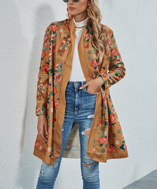 E-Rétro Yellow Printed Floral Pocket Open Coat